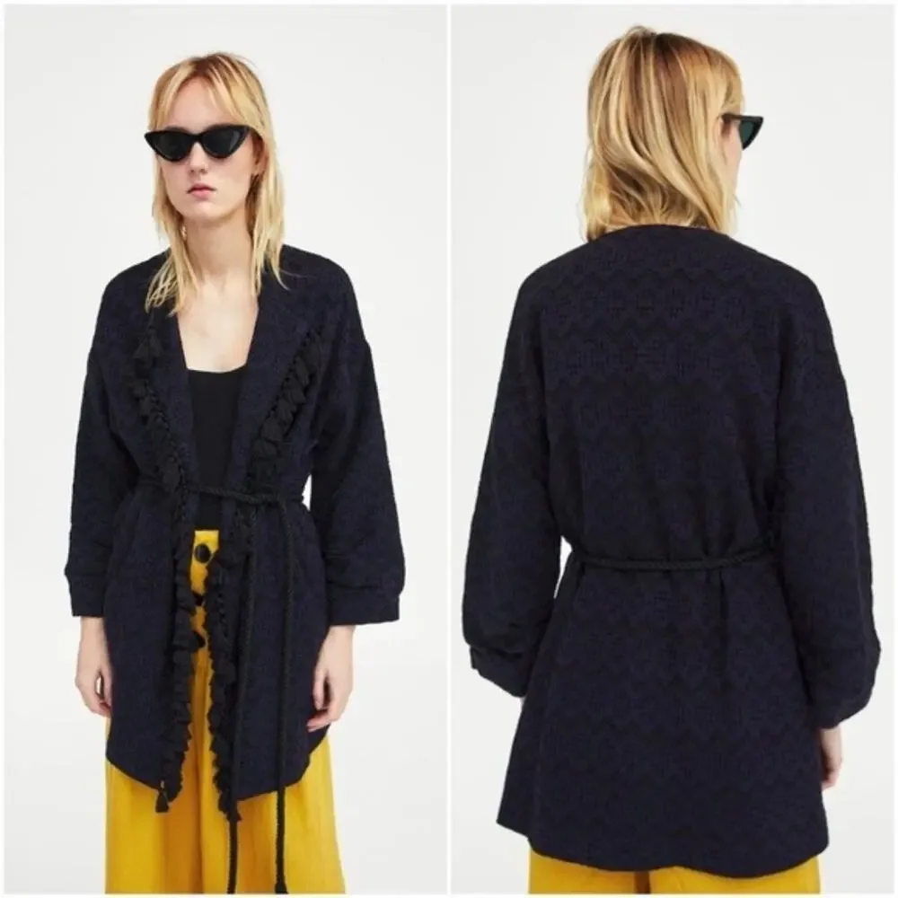 Zara Navy Jacquard Fringe Tassel Kimono Jacket